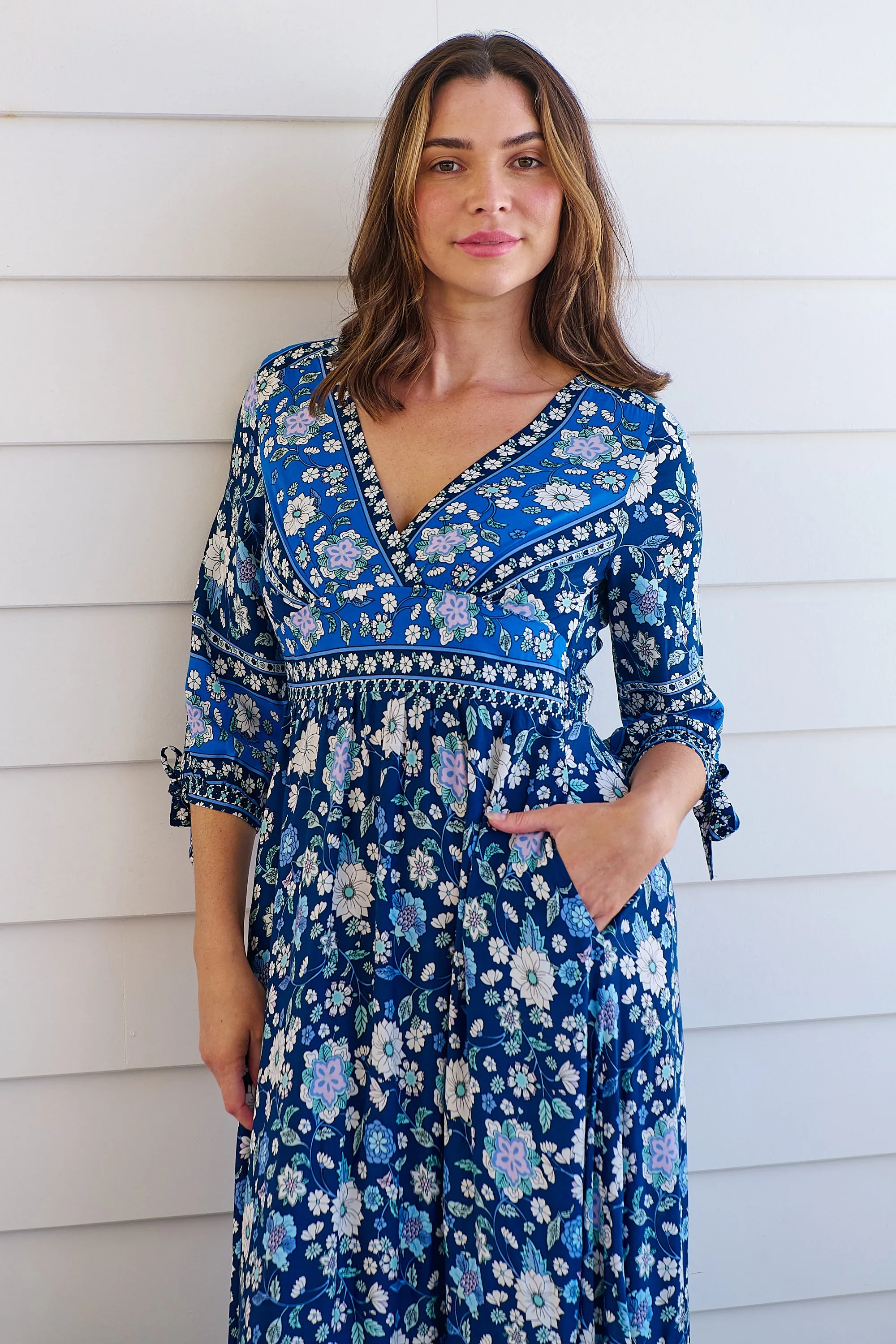 Willow Tie Sleeve Navy/Cobalt Blue Floral Print Maxi Dress