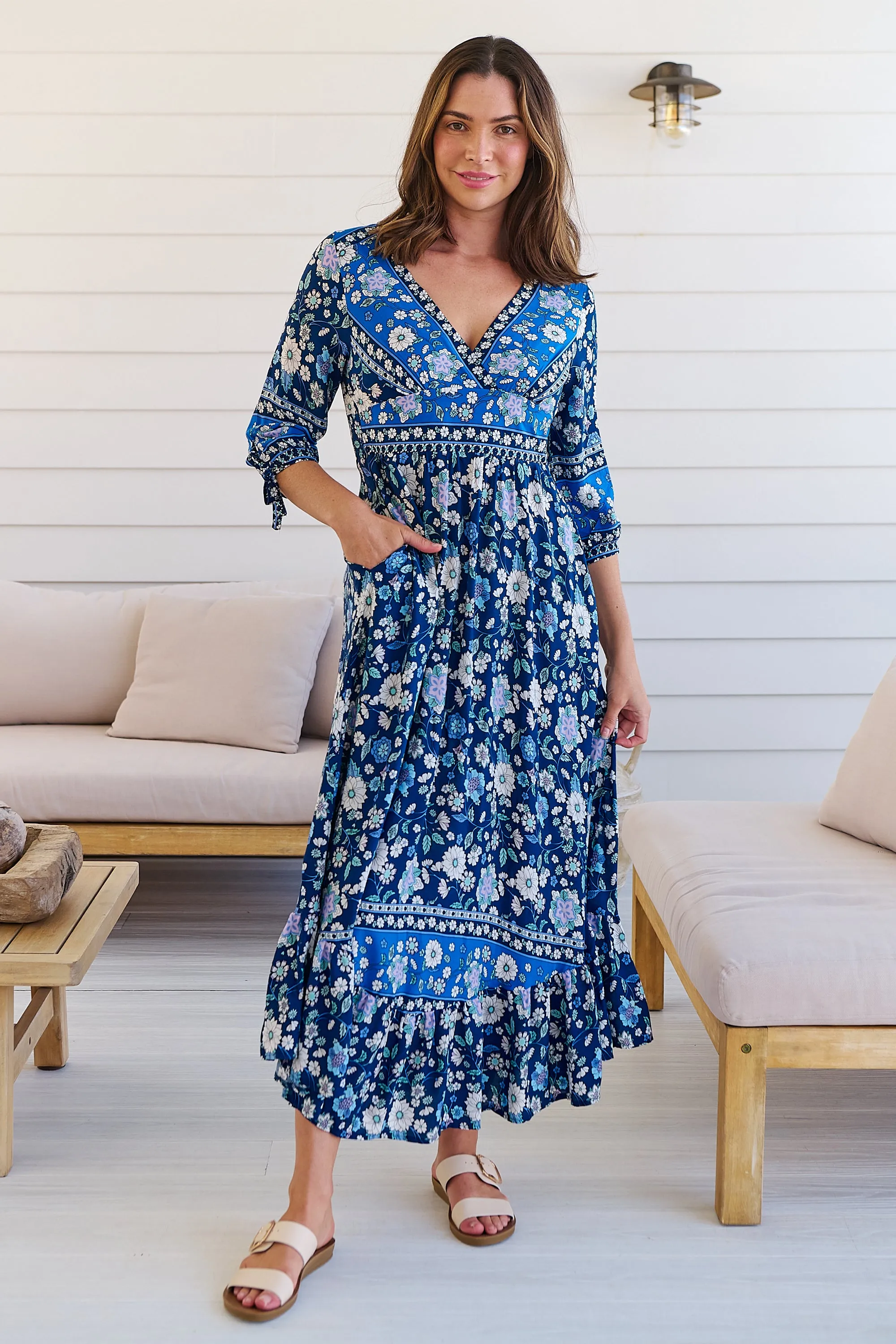Willow Tie Sleeve Navy/Cobalt Blue Floral Print Maxi Dress