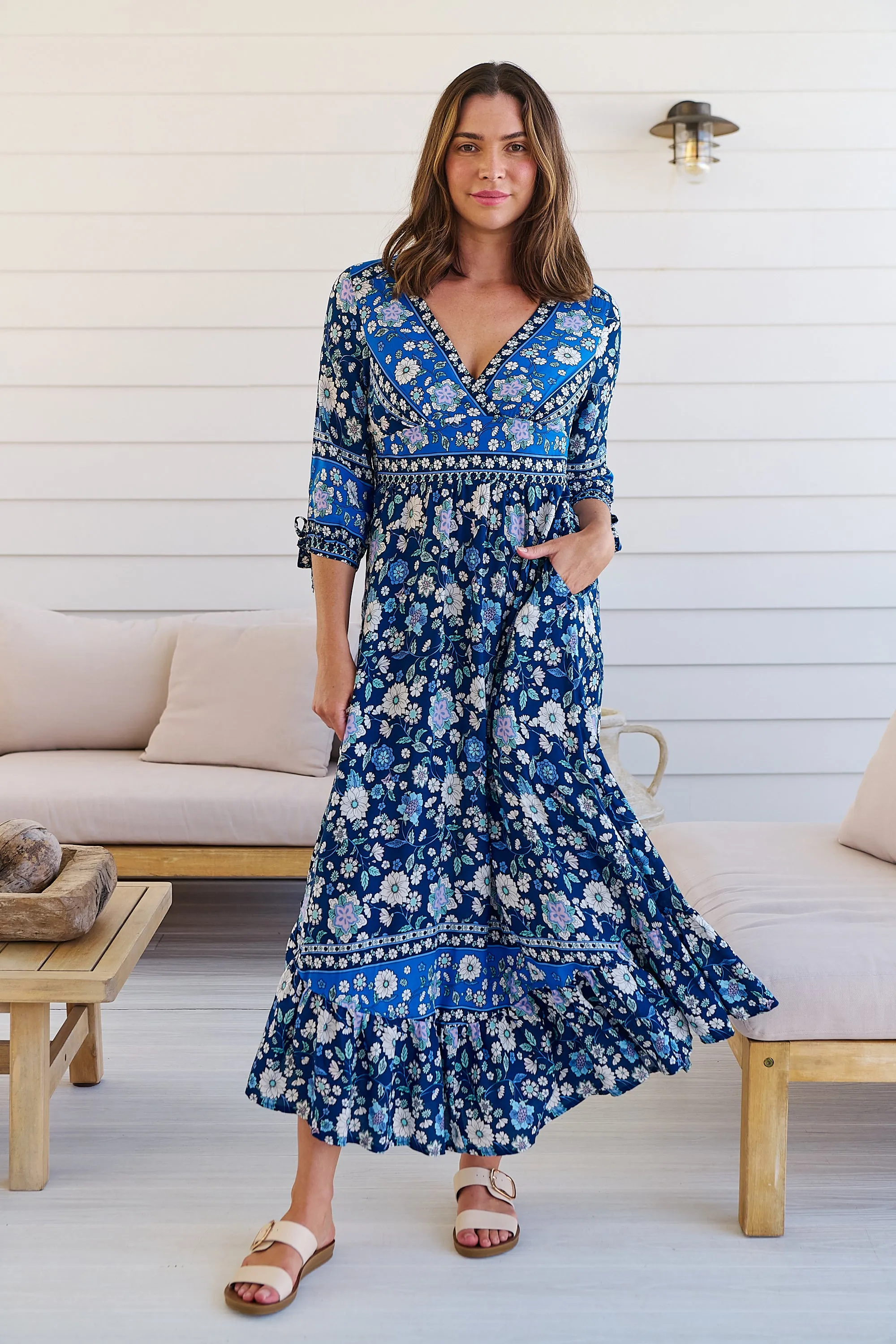 Willow Tie Sleeve Navy/Cobalt Blue Floral Print Maxi Dress