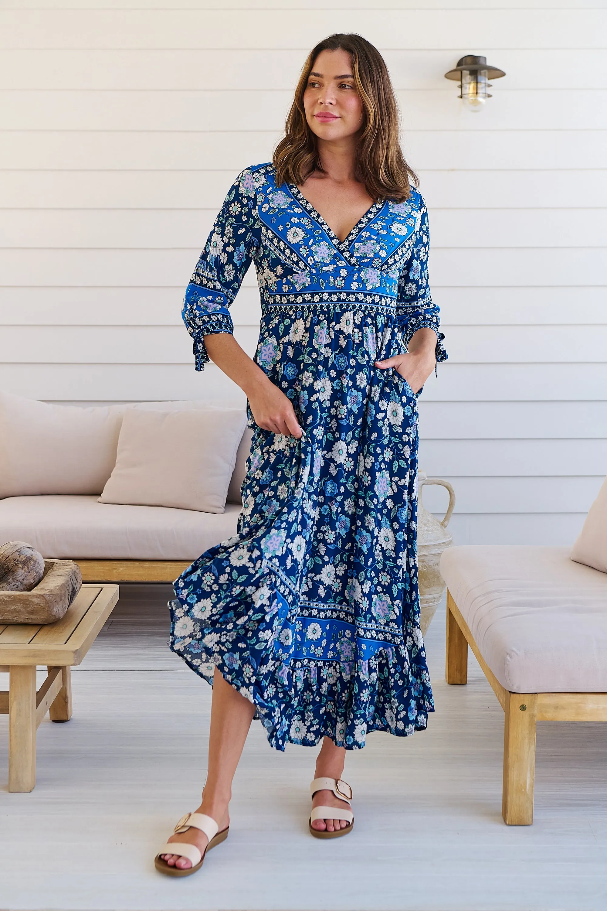 Willow Tie Sleeve Navy/Cobalt Blue Floral Print Maxi Dress