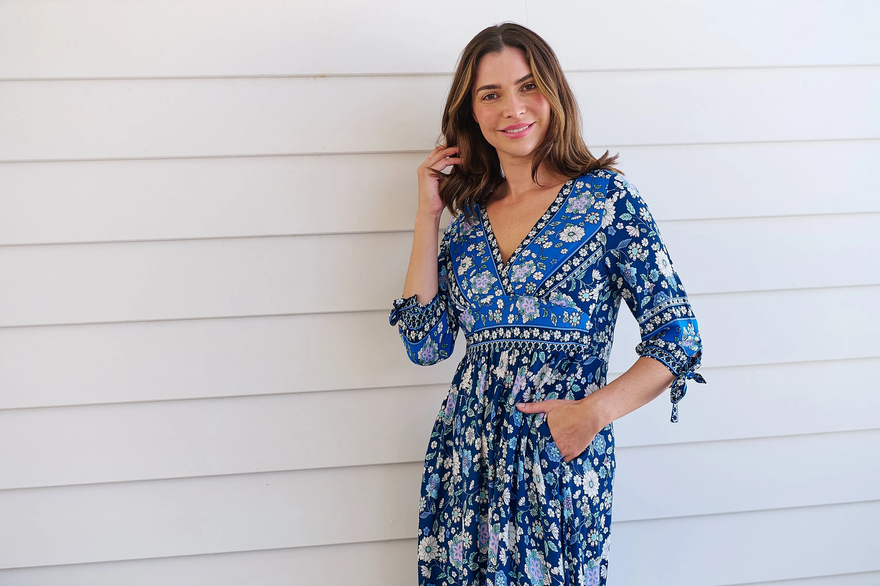 Willow Tie Sleeve Navy/Cobalt Blue Floral Print Maxi Dress
