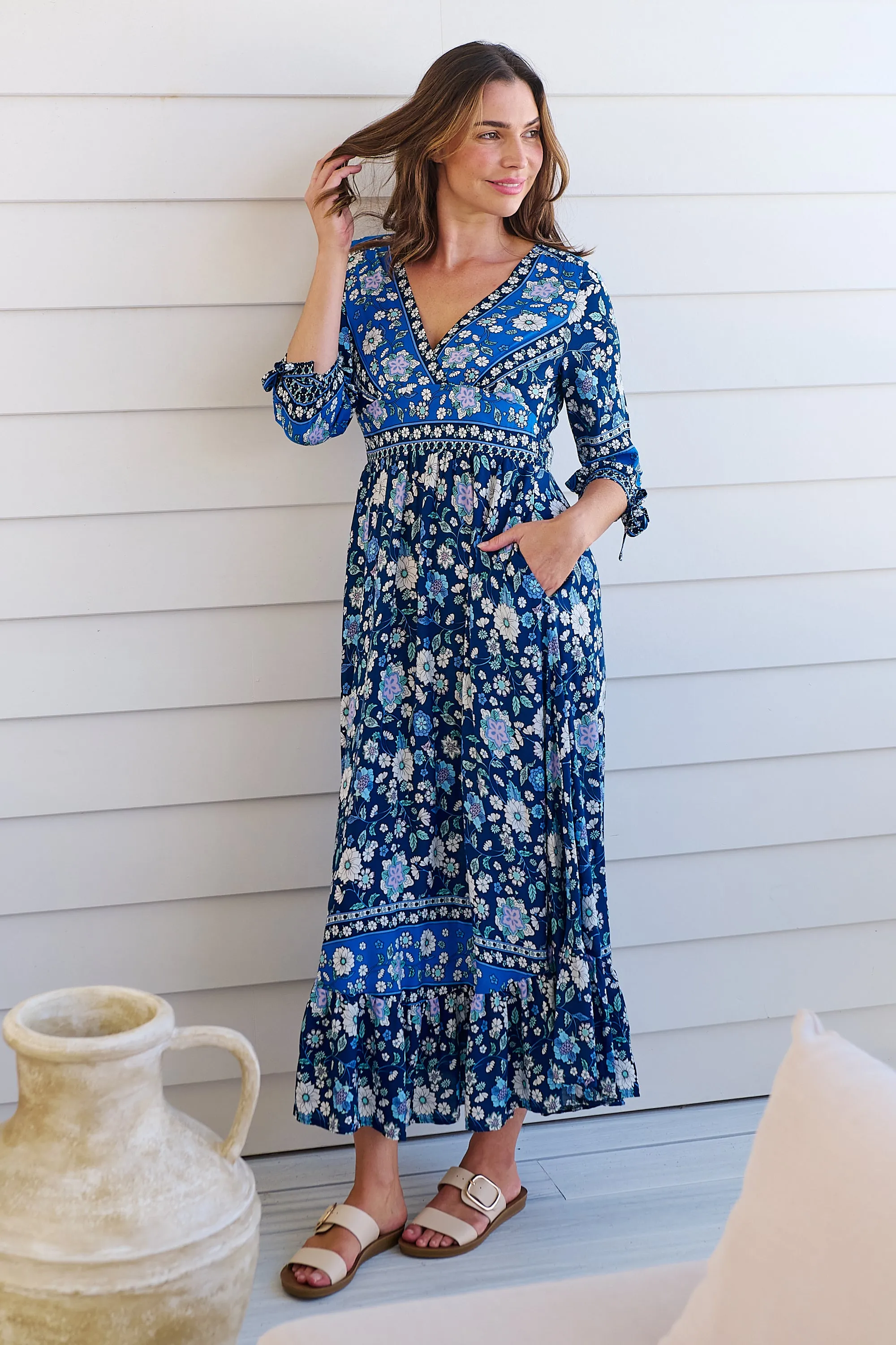 Willow Tie Sleeve Navy/Cobalt Blue Floral Print Maxi Dress