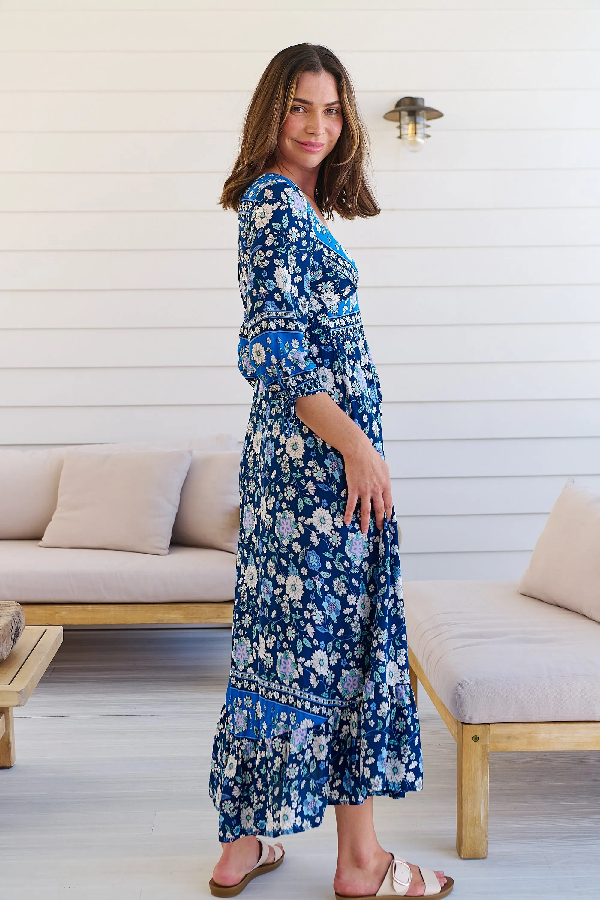 Willow Tie Sleeve Navy/Cobalt Blue Floral Print Maxi Dress
