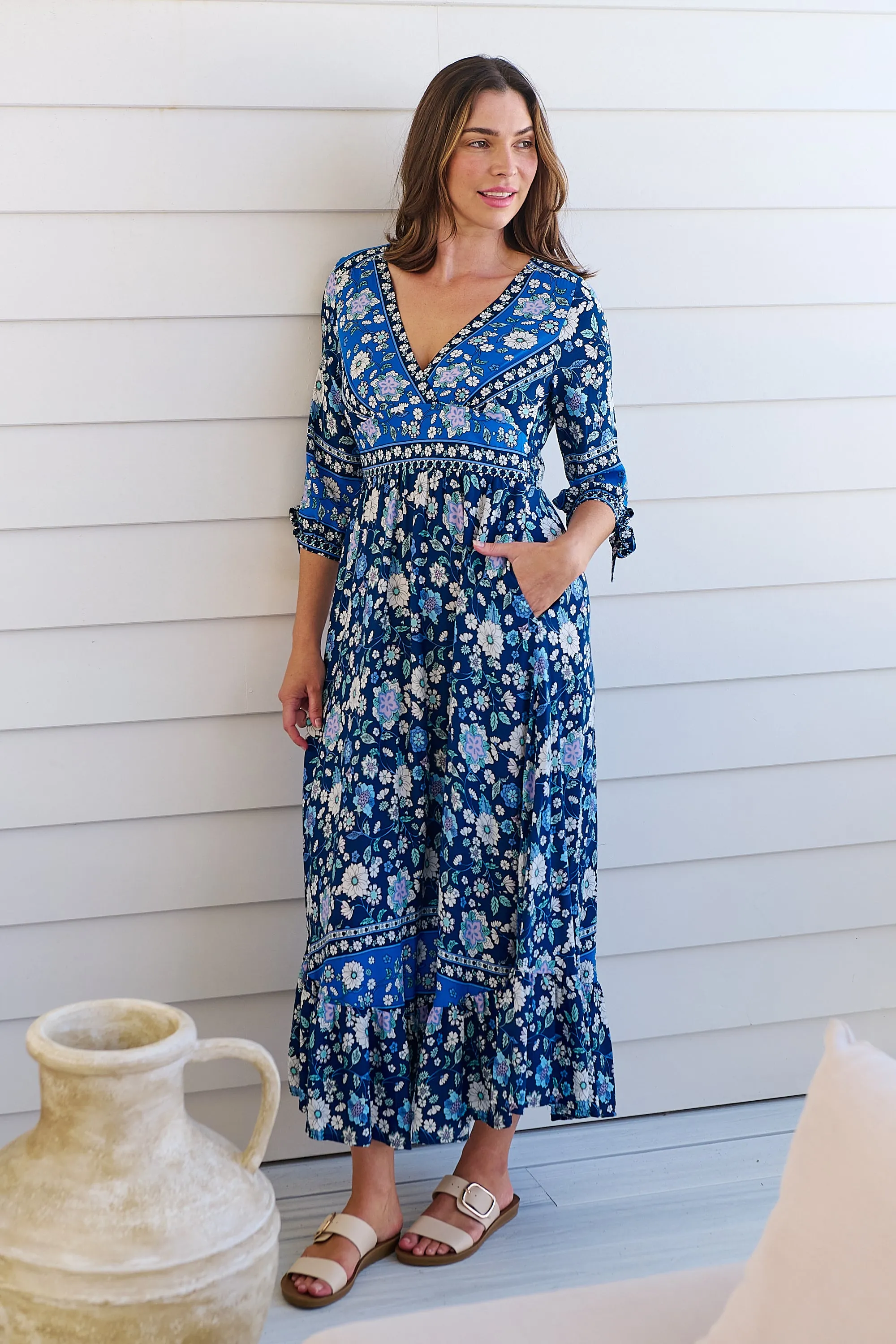 Willow Tie Sleeve Navy/Cobalt Blue Floral Print Maxi Dress