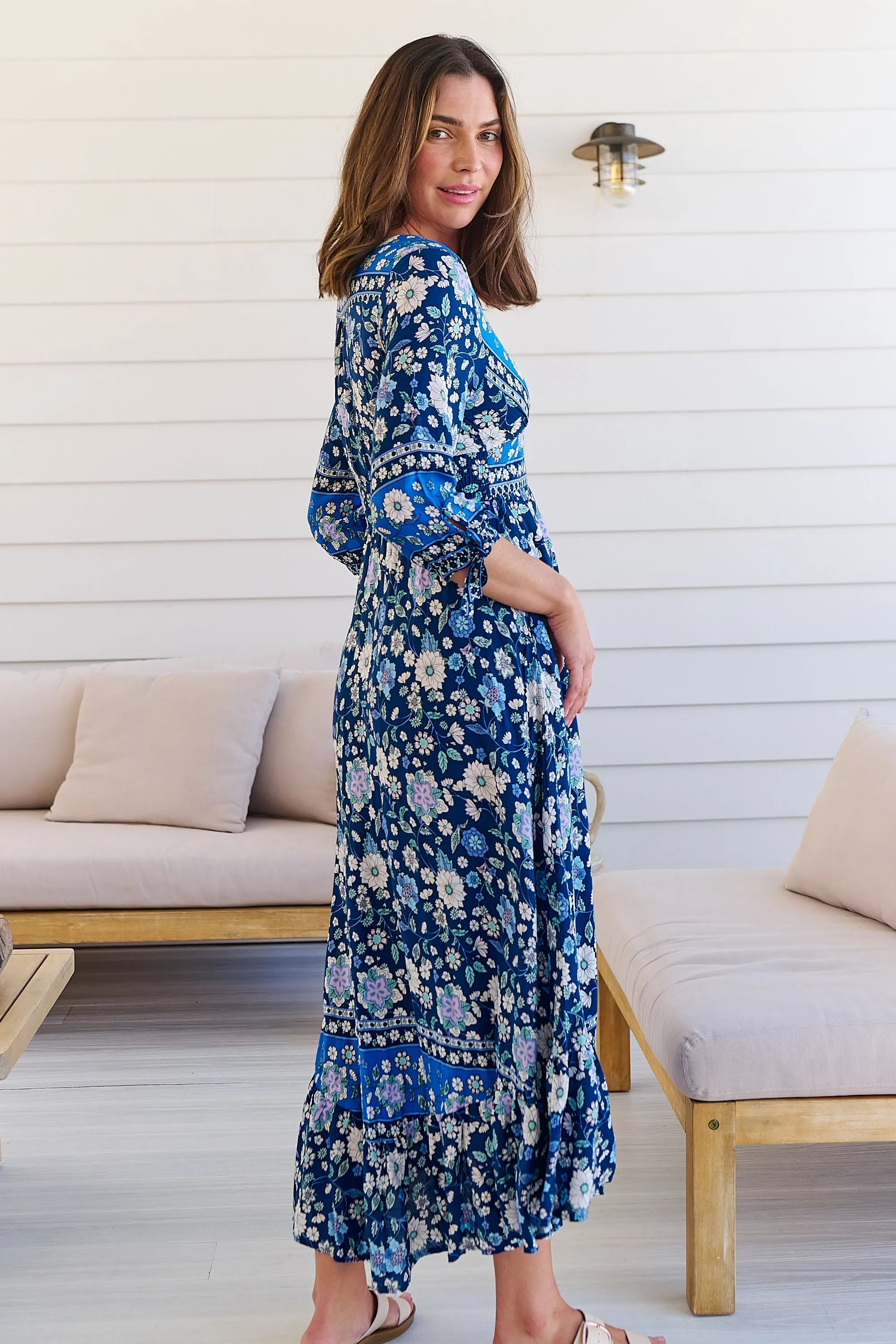 Willow Tie Sleeve Navy/Cobalt Blue Floral Print Maxi Dress