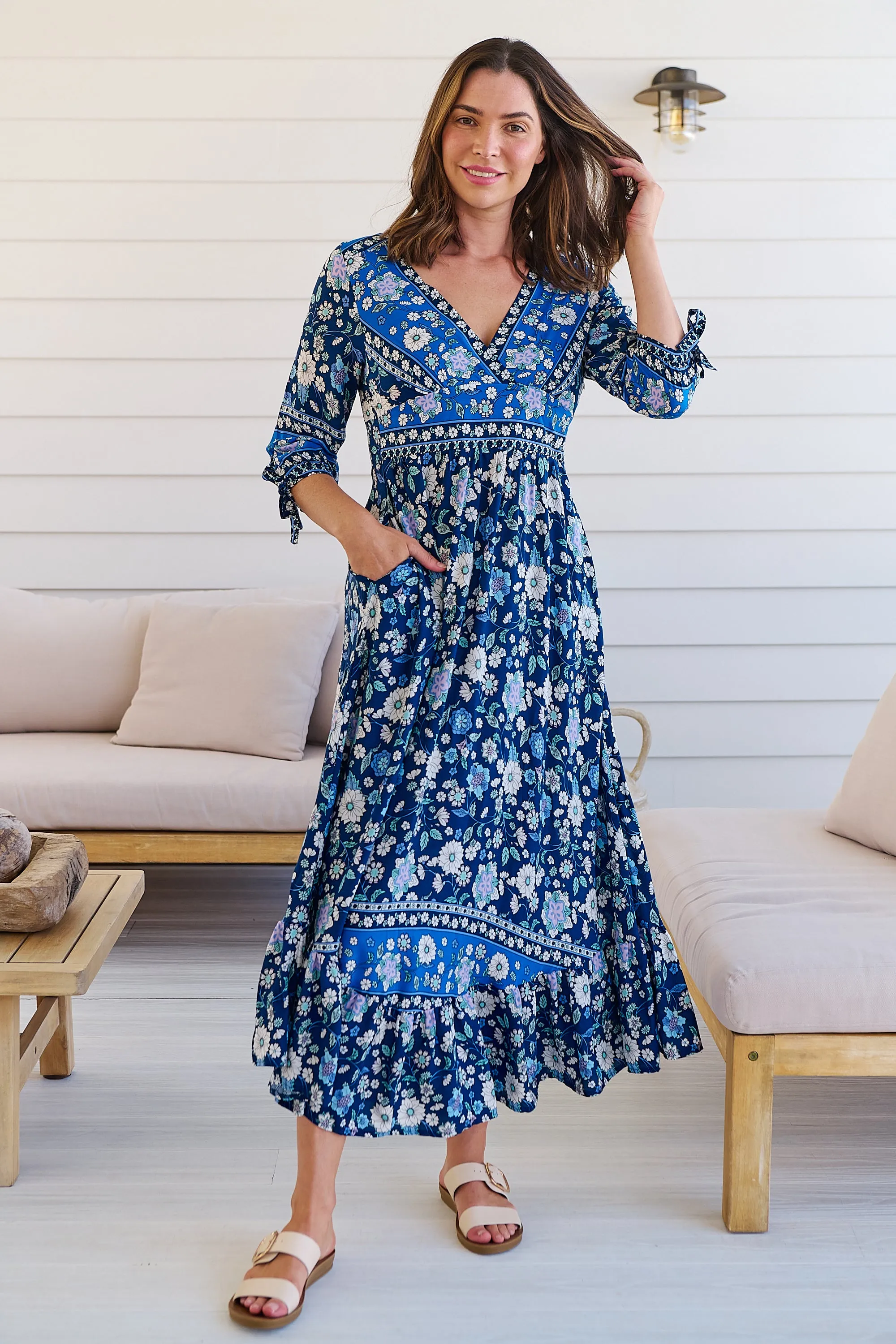 Willow Tie Sleeve Navy/Cobalt Blue Floral Print Maxi Dress