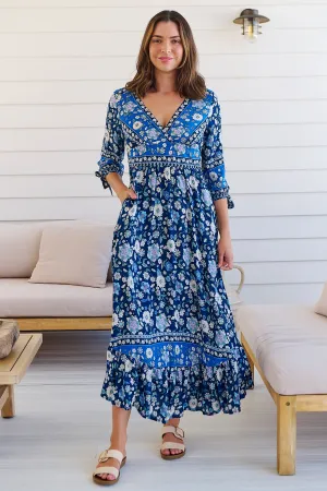 Willow Tie Sleeve Navy/Cobalt Blue Floral Print Maxi Dress