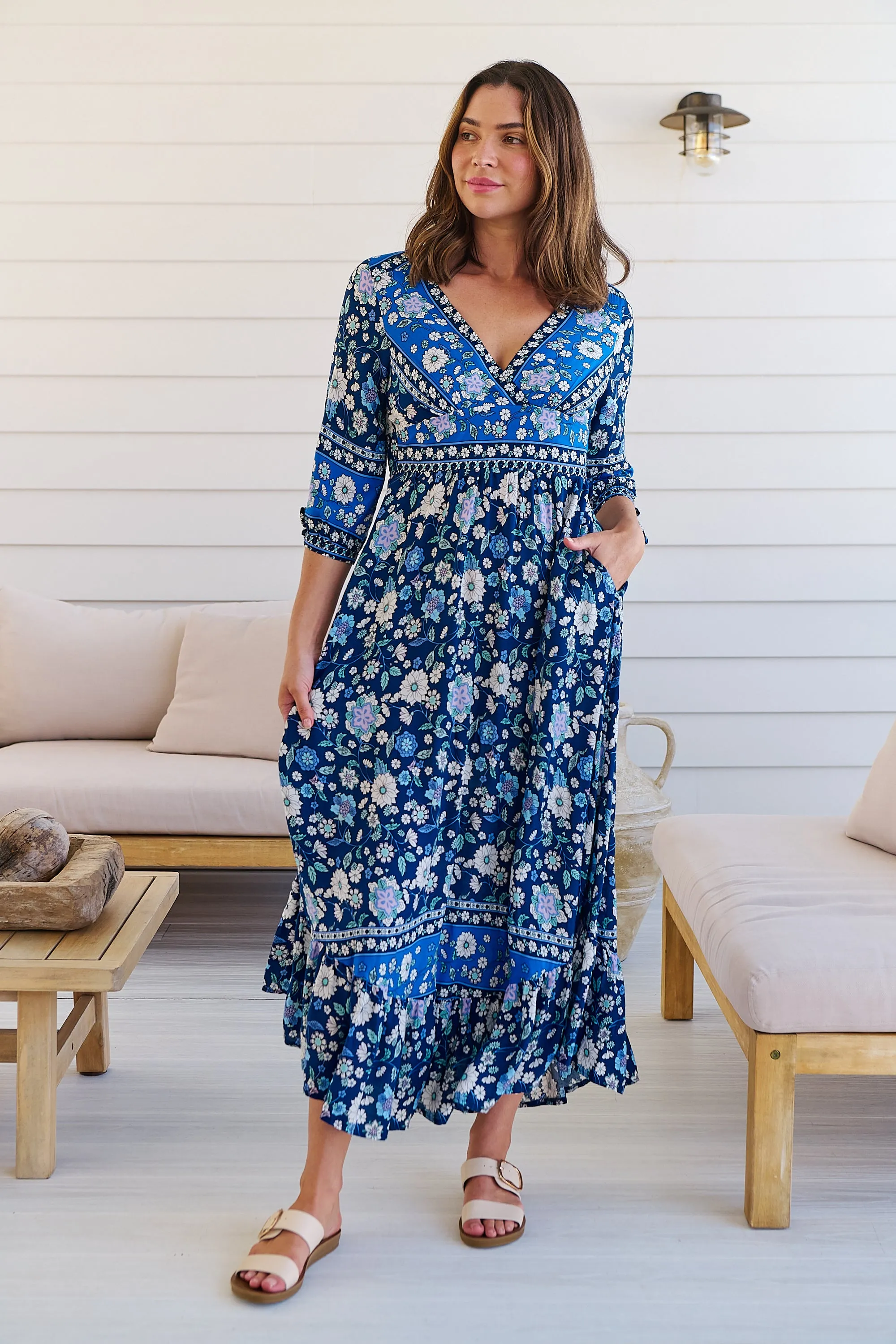 Willow Tie Sleeve Navy/Cobalt Blue Floral Print Maxi Dress