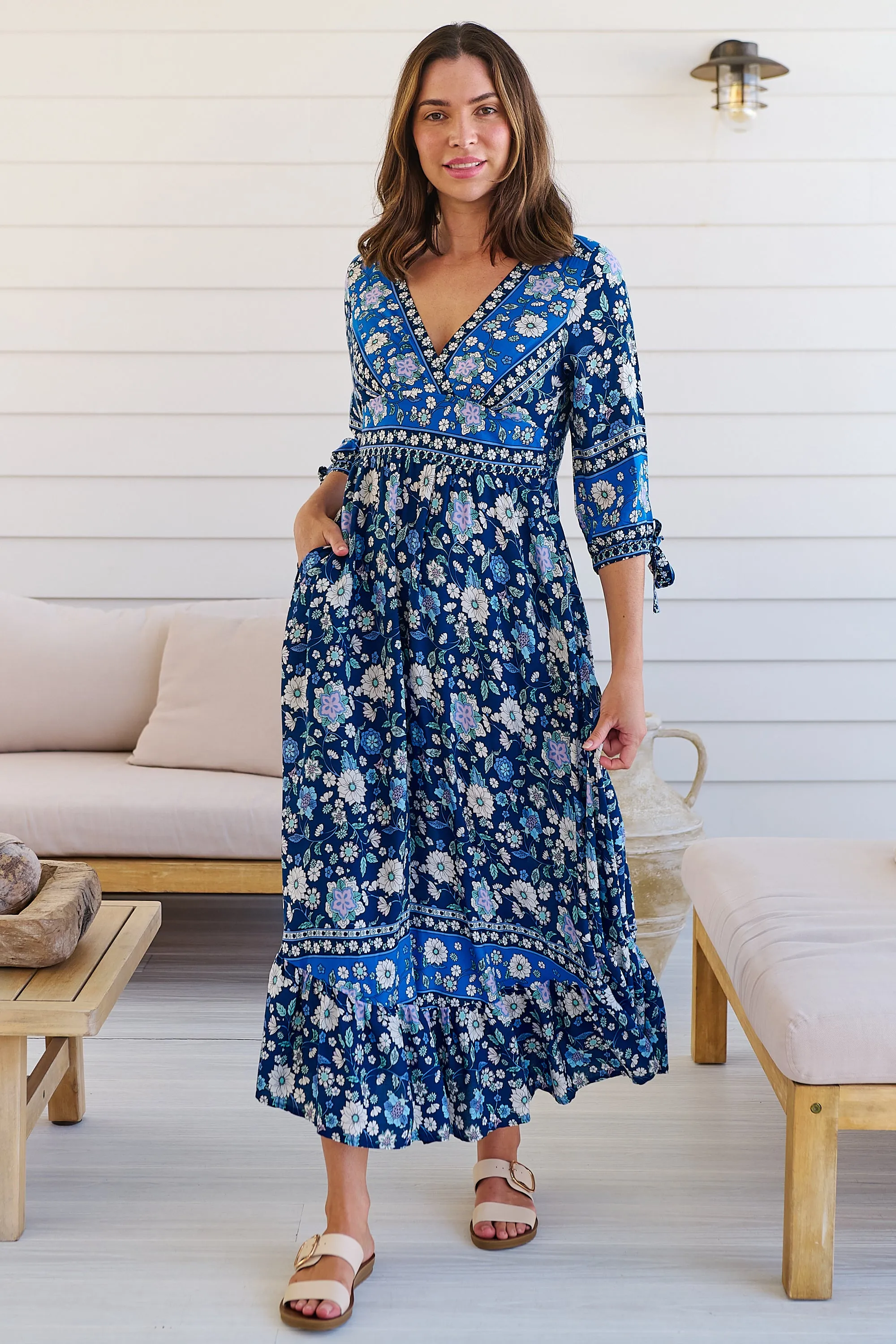 Willow Tie Sleeve Navy/Cobalt Blue Floral Print Maxi Dress