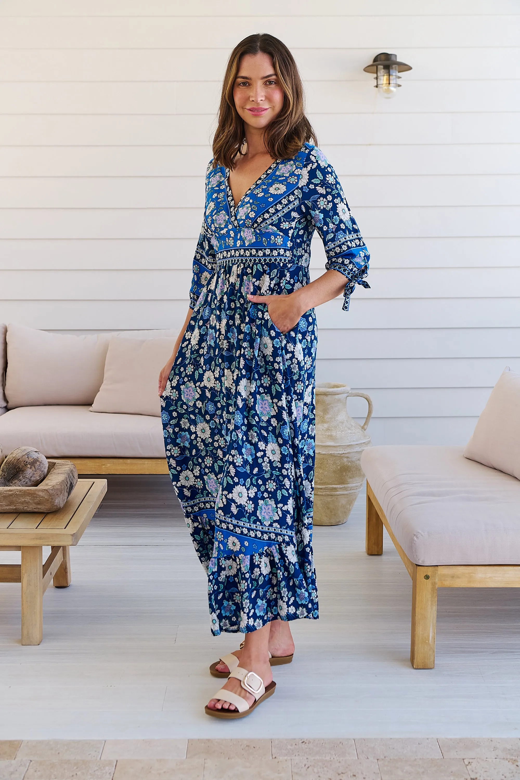 Willow Tie Sleeve Navy/Cobalt Blue Floral Print Maxi Dress