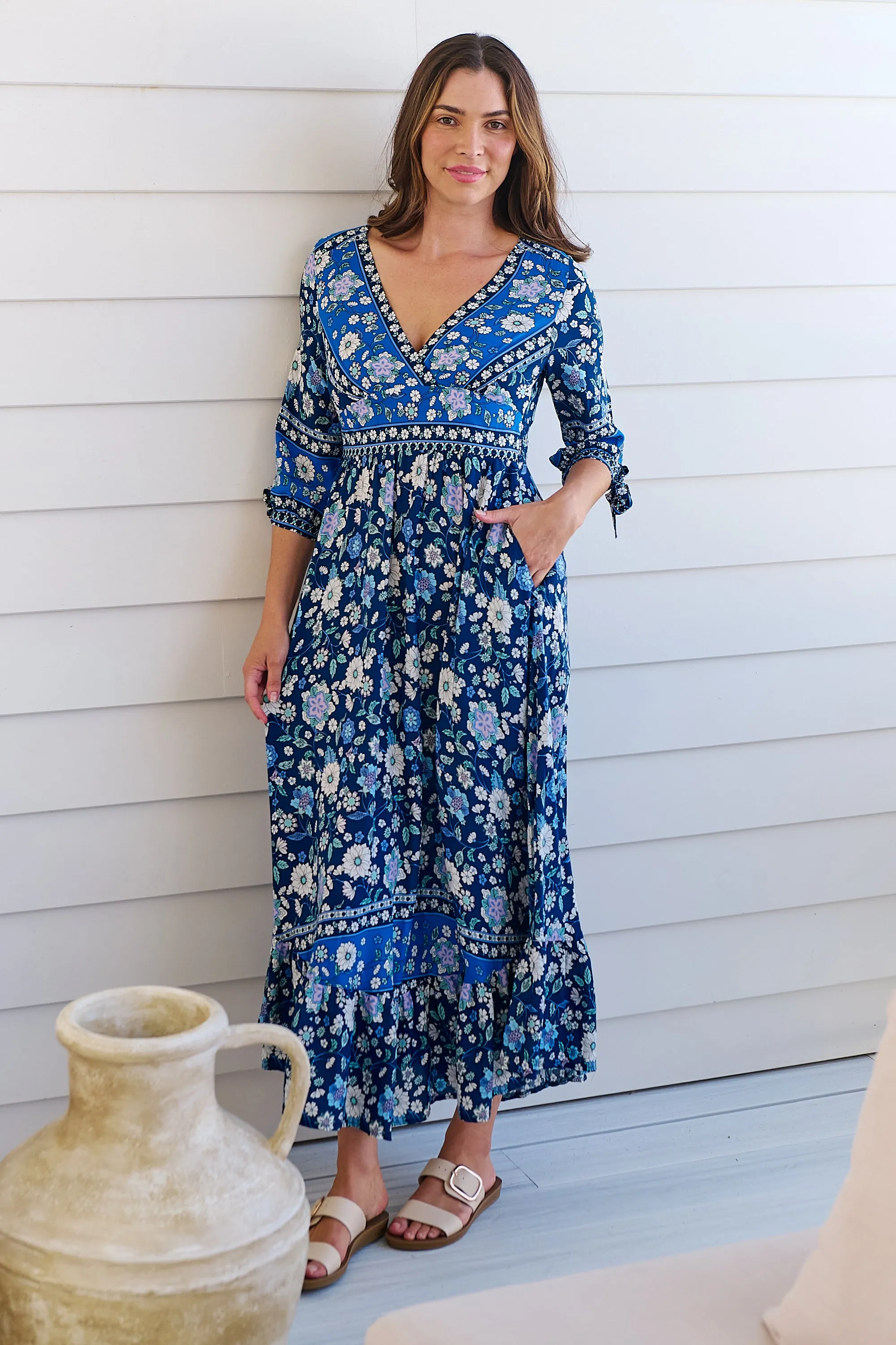 Willow Tie Sleeve Navy/Cobalt Blue Floral Print Maxi Dress