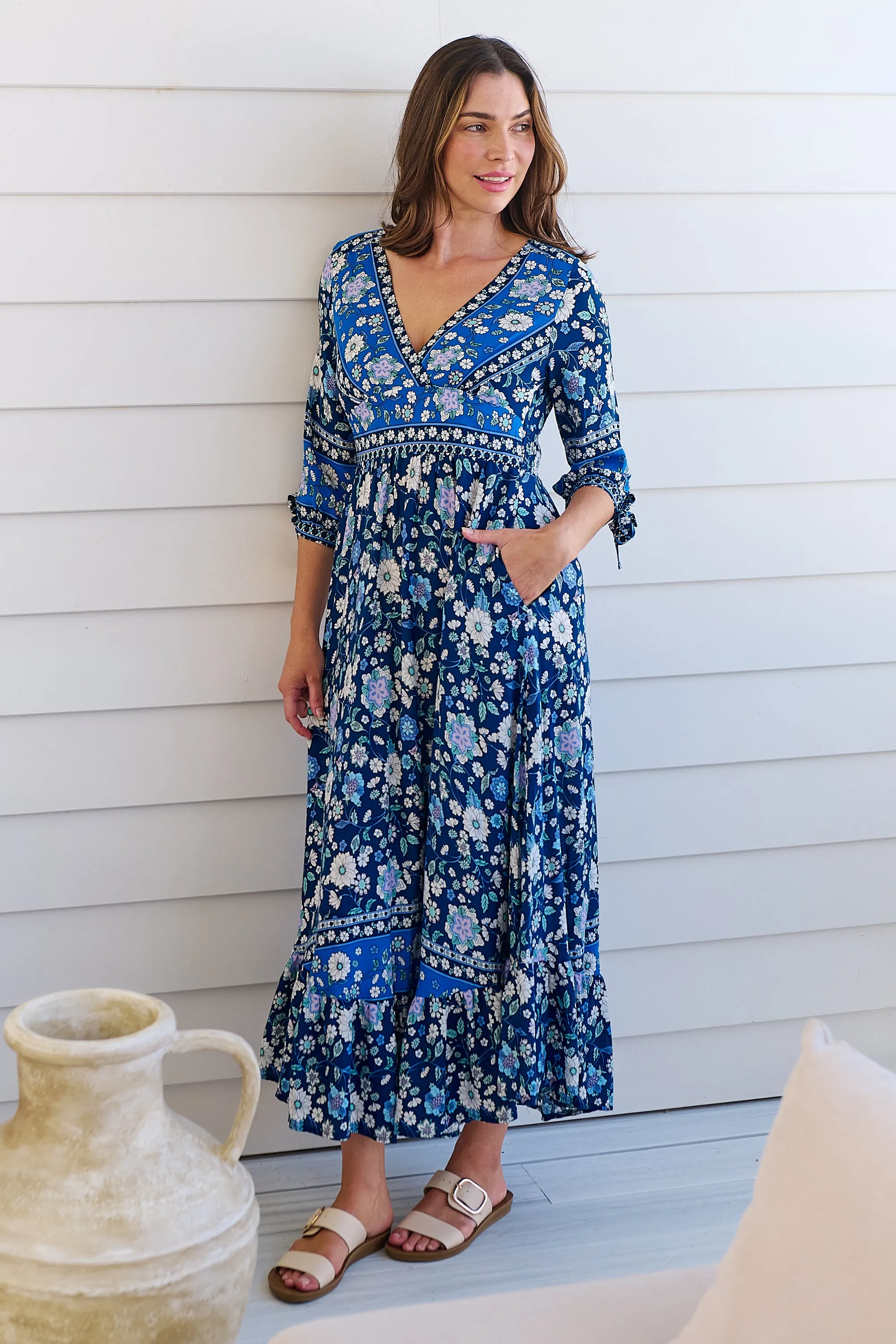 Willow Tie Sleeve Navy/Cobalt Blue Floral Print Maxi Dress