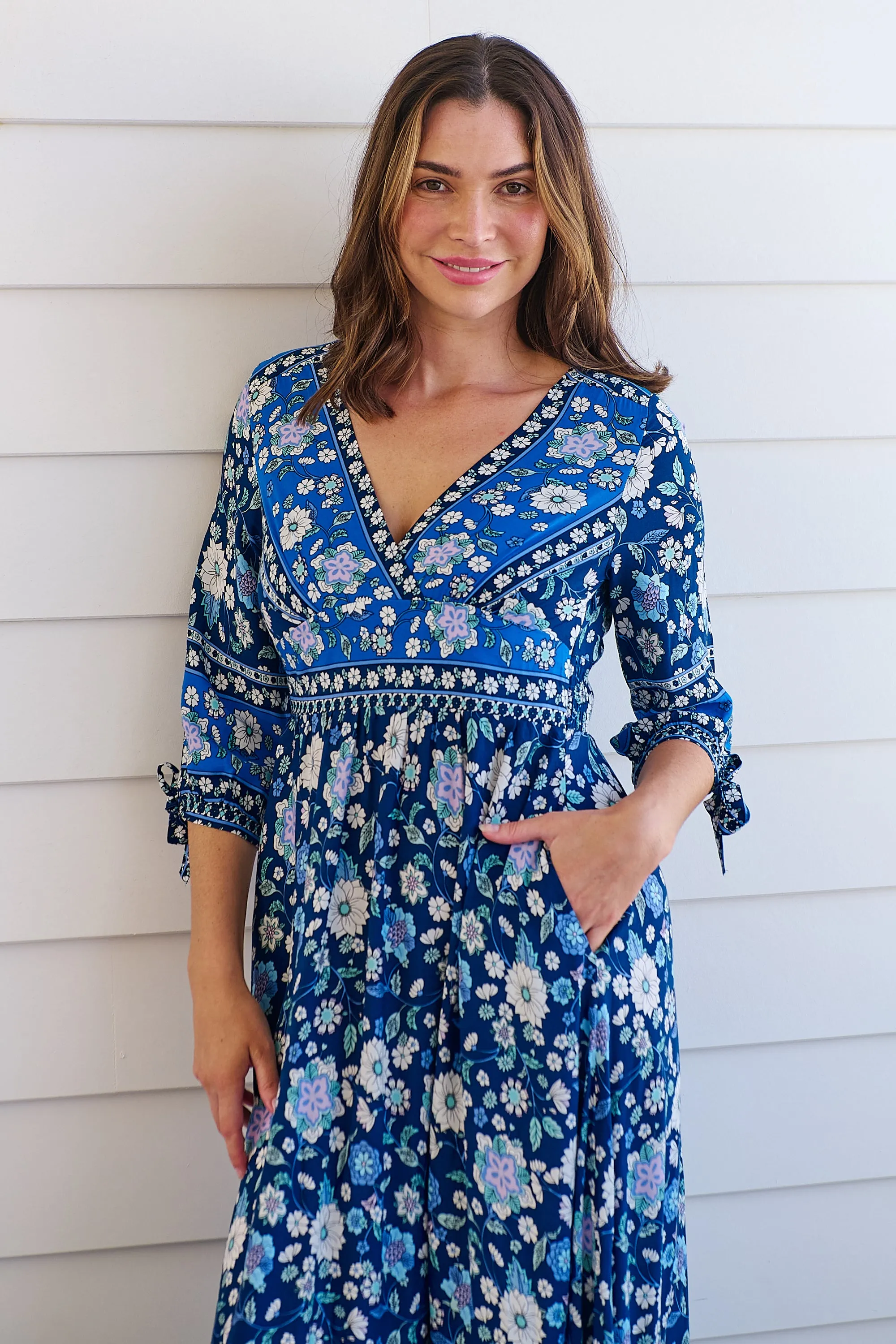 Willow Tie Sleeve Navy/Cobalt Blue Floral Print Maxi Dress
