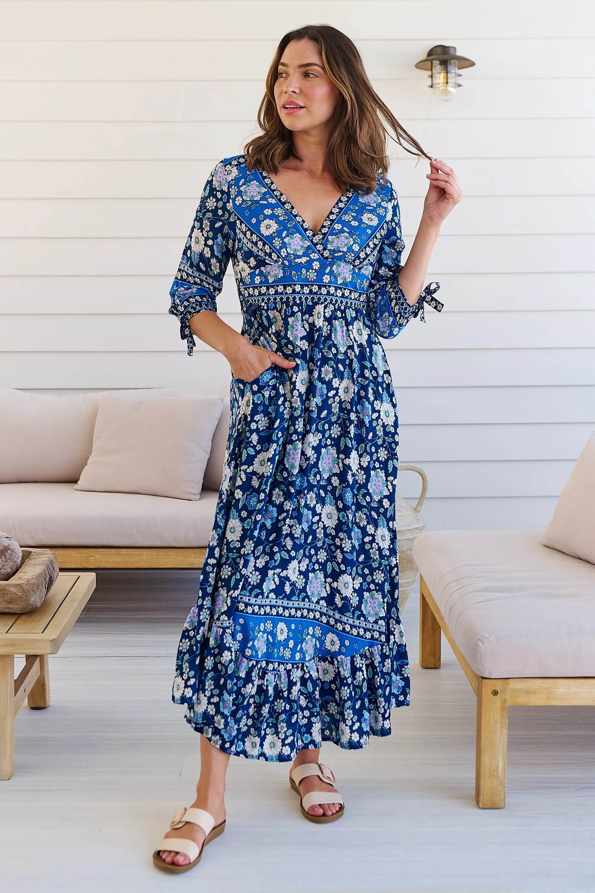 Willow Tie Sleeve Navy/Cobalt Blue Floral Print Maxi Dress