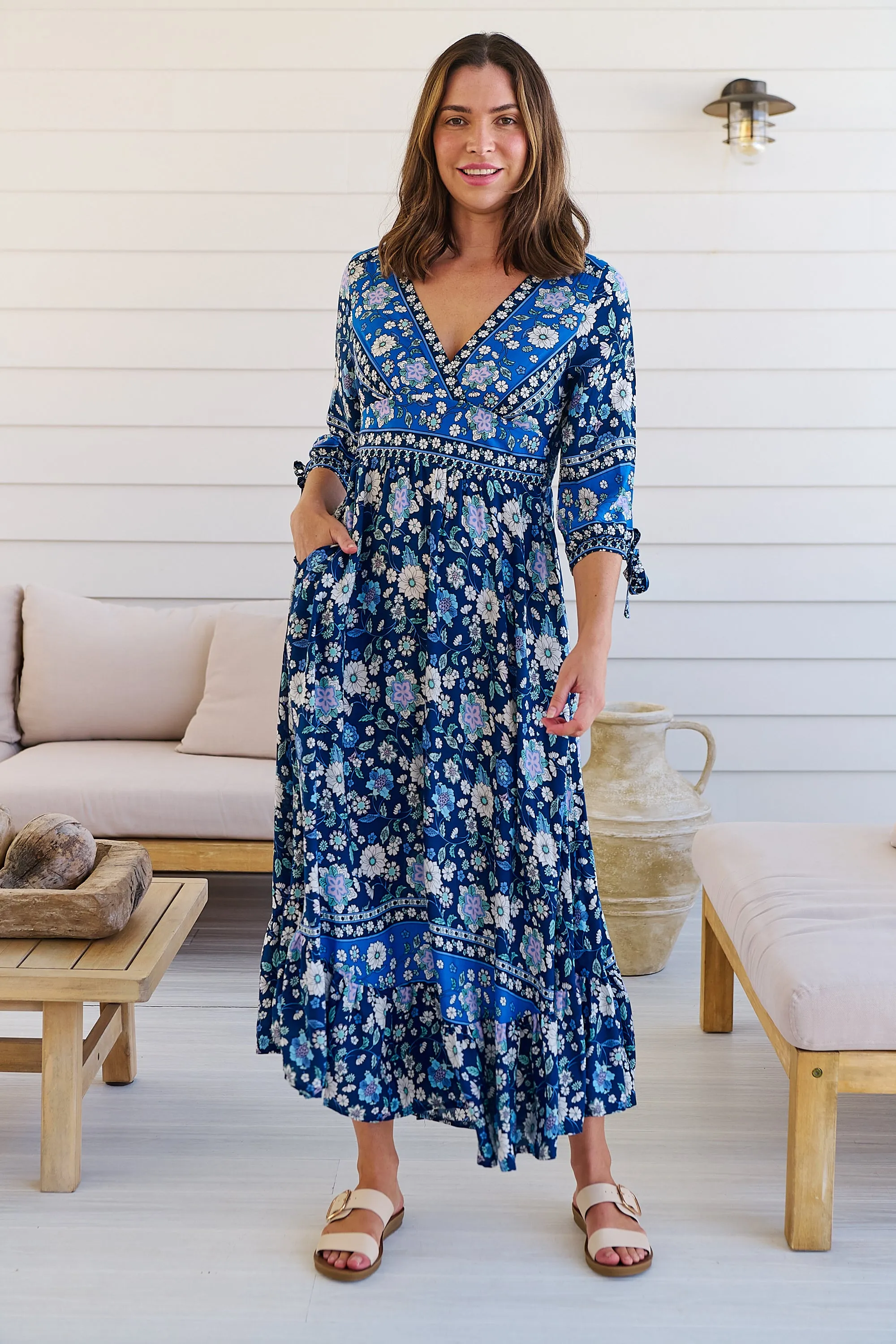 Willow Tie Sleeve Navy/Cobalt Blue Floral Print Maxi Dress