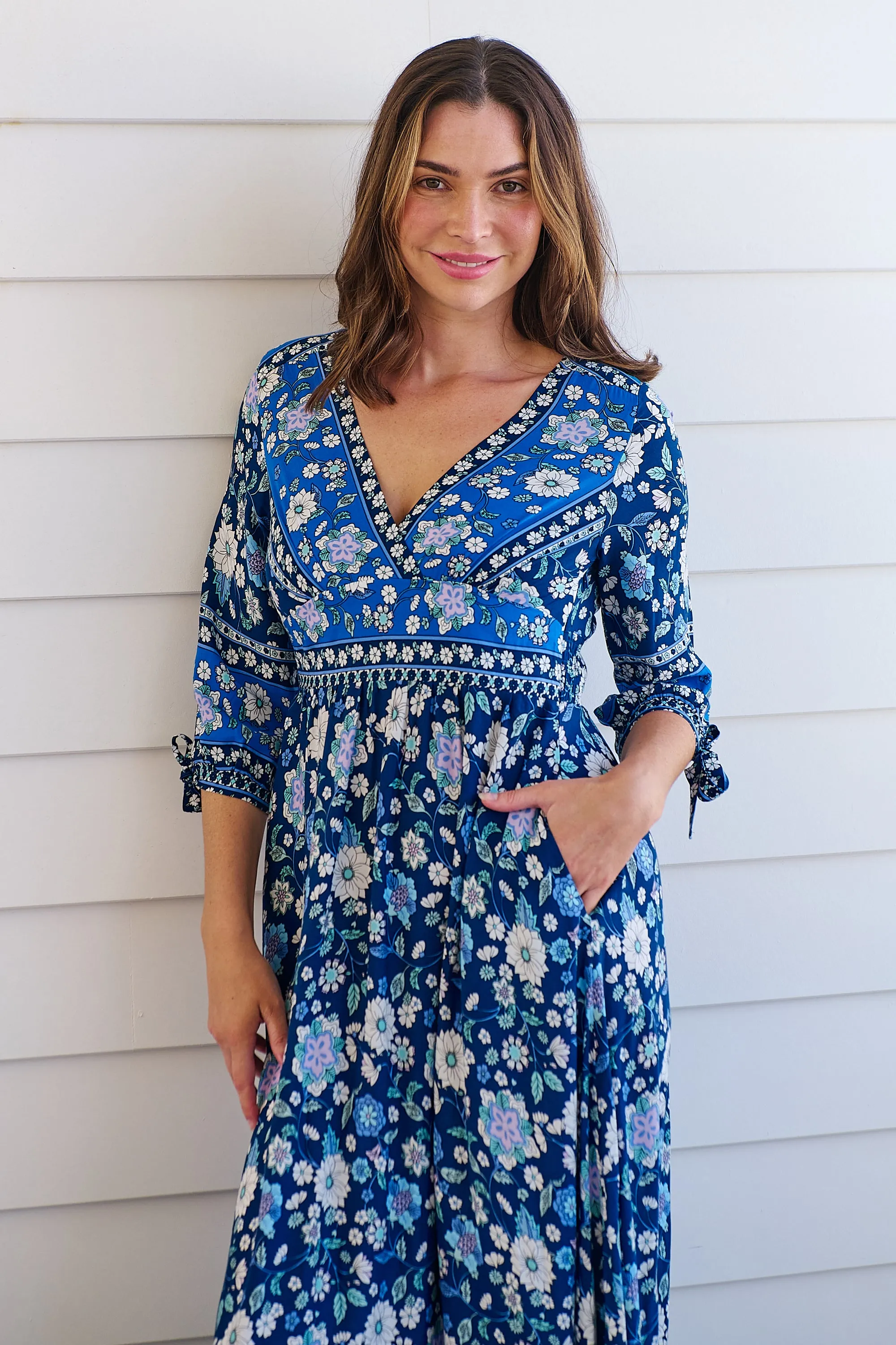 Willow Tie Sleeve Navy/Cobalt Blue Floral Print Maxi Dress