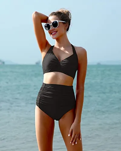 Women's Polyester And Spandex Quick Drying Retro Swimwear-Black
