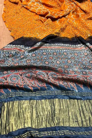 Yellow Gajji Silk Ajrakh Bandhani Dupatta