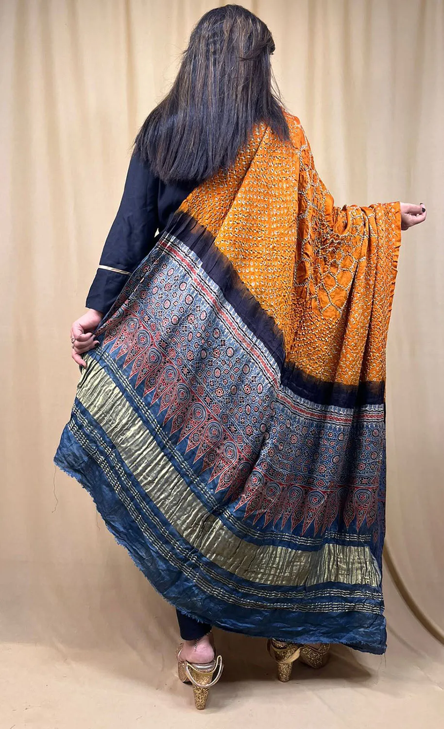 Yellow Gajji Silk Ajrakh Bandhani Dupatta