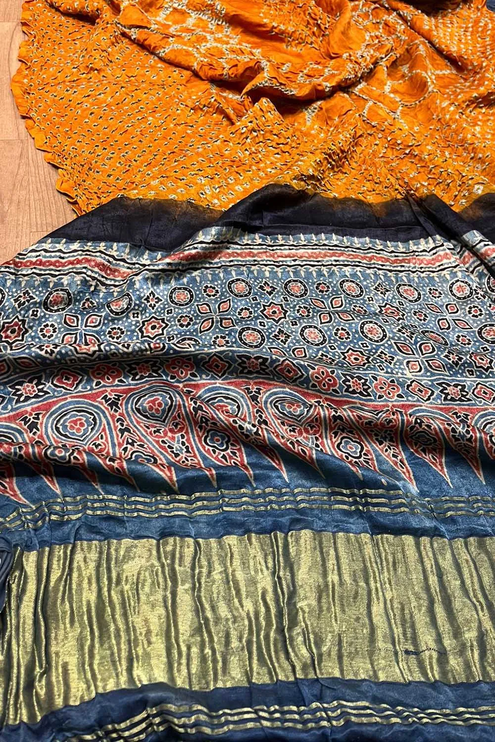 Yellow Gajji Silk Ajrakh Bandhani Dupatta