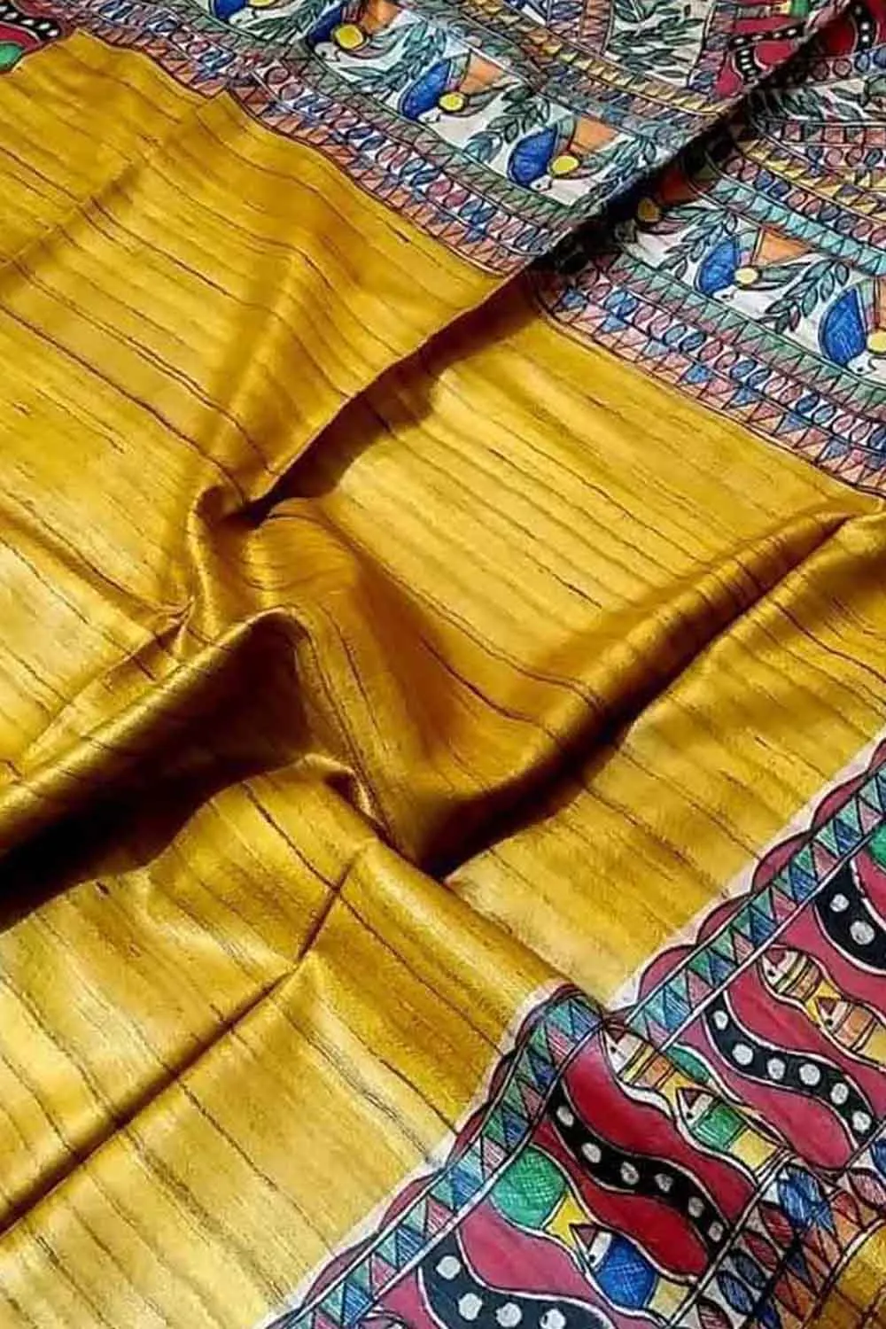 Yellow Hand Painted Madhubani Silk Saree